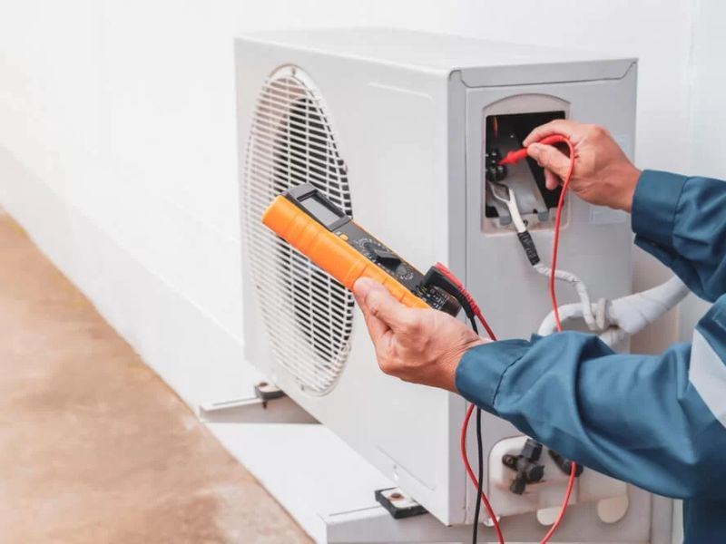 HVAC technician testing an outdoor AC unit